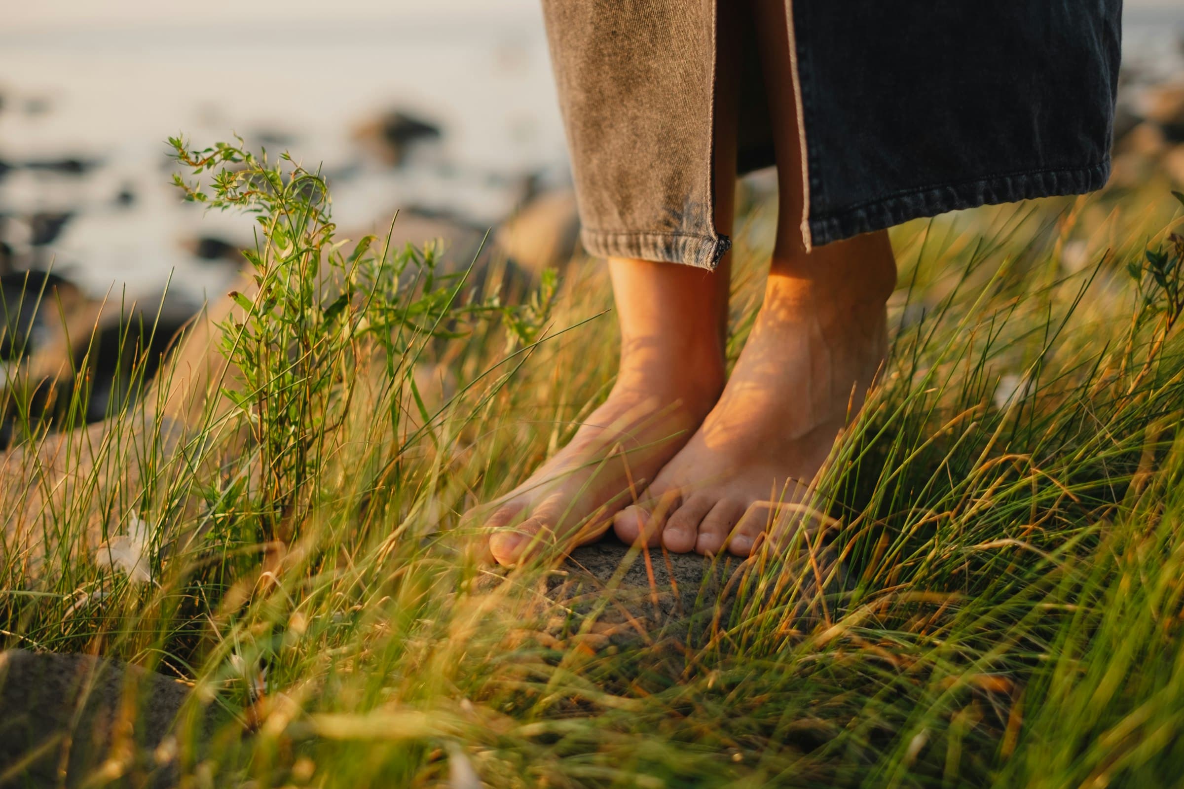 Bare feet standing in tall grass in golden evening light